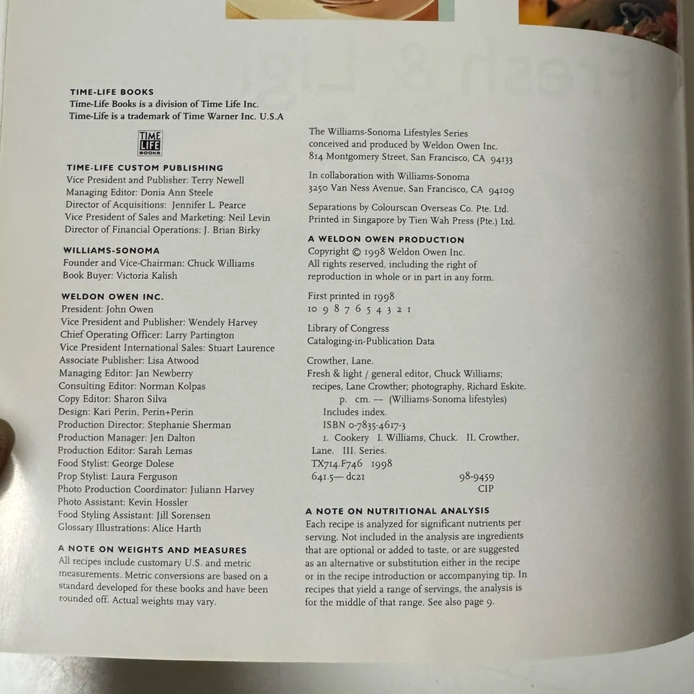 Williams Sonoma Fresh & Light Cookbook hardcover